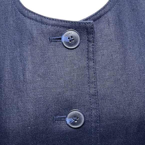 Tory Burch Linen Sheath Dress Size 4 Button Front Navy Blue Sleeveless Pockets - Picture 3 of 9